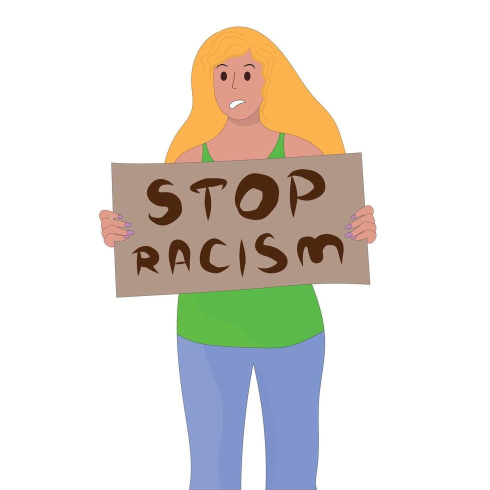 boos vrouw met een poster Bij een rally. hou op racisme poster. de blond met de poster. vector