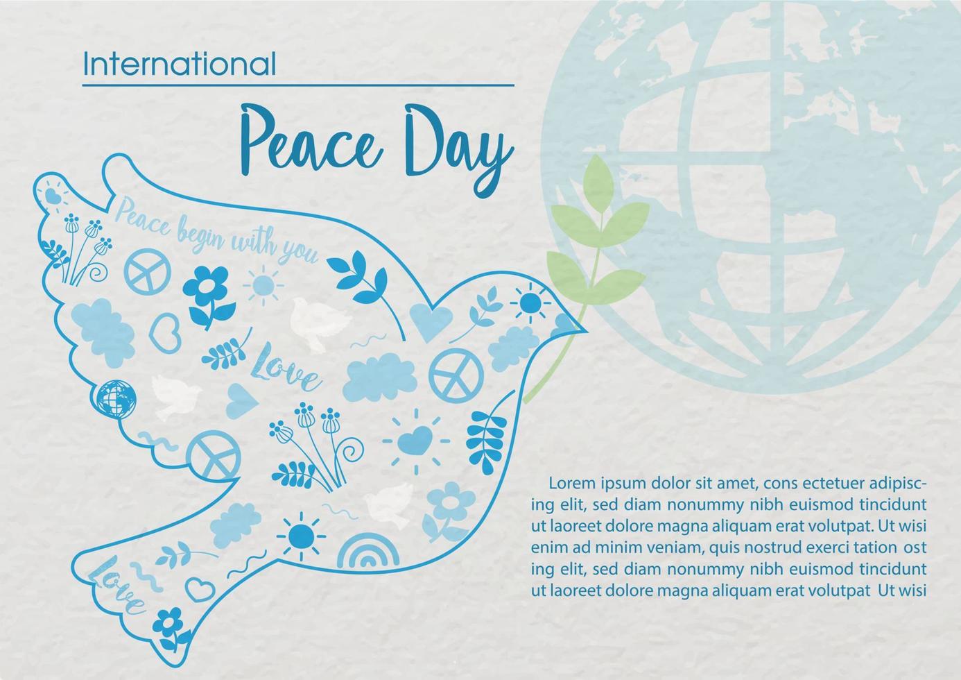 duif vrede met teken icoon van vrede dag in vlak stijl en de dag, naam van evenement met globaal Aan wit papier patroon achtergrond. Internationale vrede dag poster campagne in vector ontwerp.
