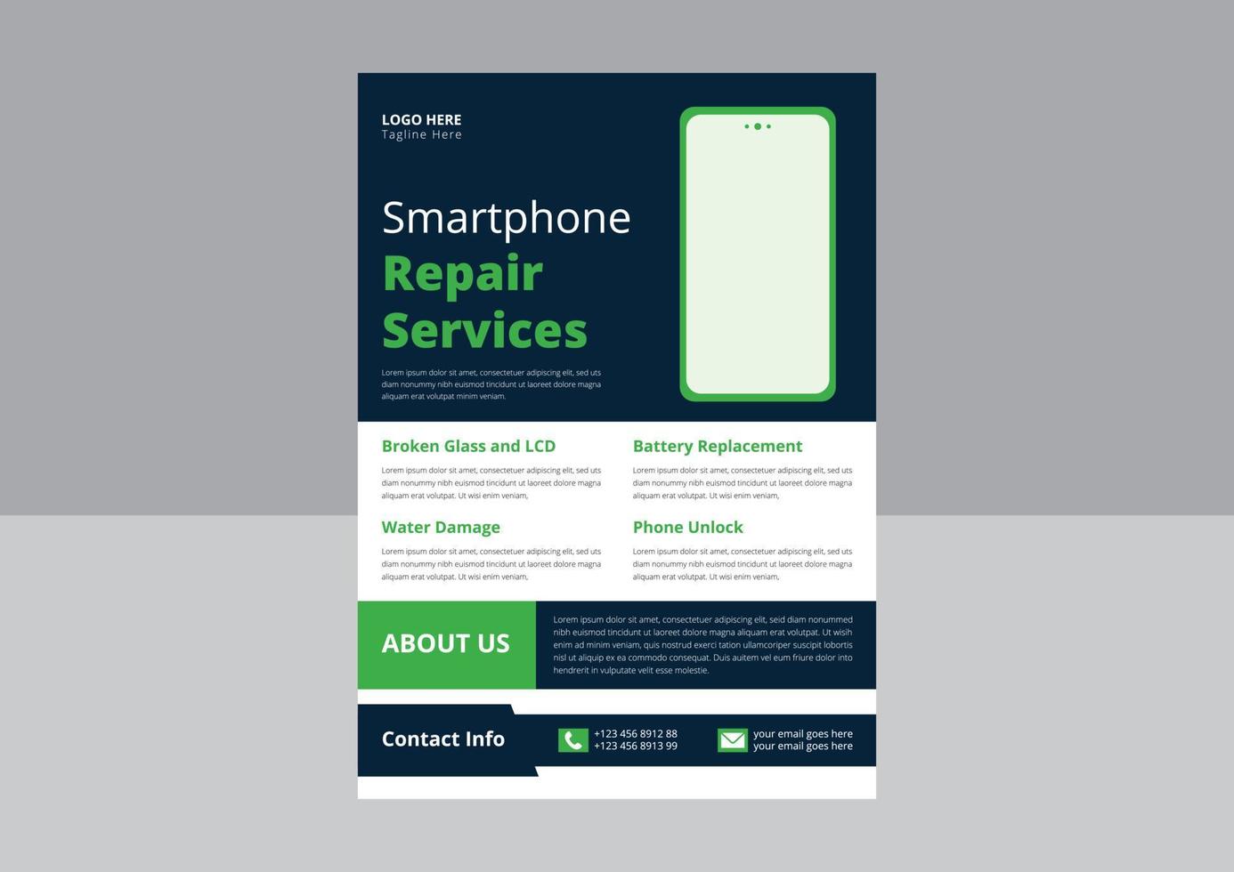 smartphone reparatie onderhoud folder sjabloon. cel telefoon reparatie folder poster sjabloon. mobiel reparatie experts folder ontwerp. omslag, a4 maat, sjabloon ontwerp. vector