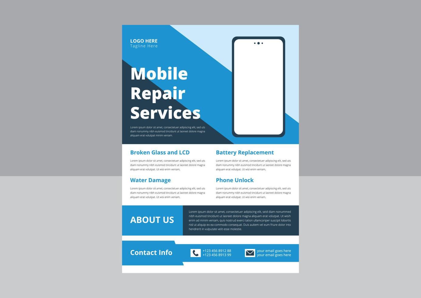 smartphone reparatie onderhoud folder sjabloon. cel telefoon reparatie folder poster sjabloon. mobiel reparatie experts folder ontwerp. omslag, a4 maat, sjabloon ontwerp. vector