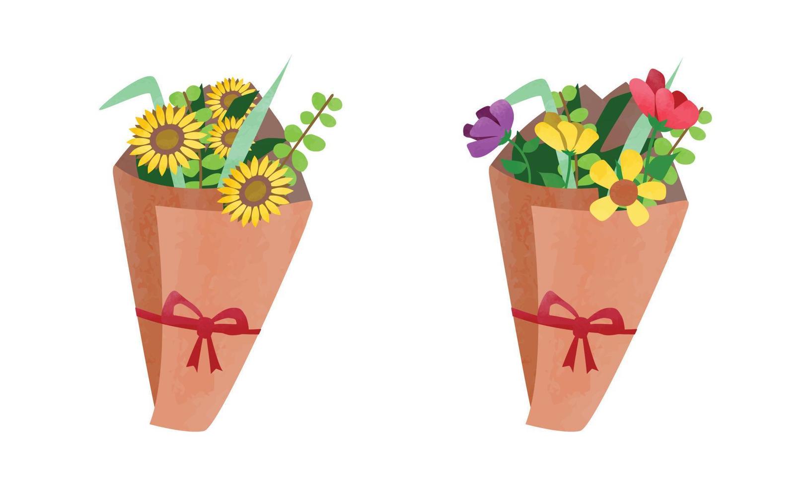 gemakkelijk diploma uitreiking boeket van bloemen clip art. boeket met verschillend kleur bloemen verpakt in papier waterverf stijl vector illustratie geïsoleerd Aan wit. boeket van bloemen tekenfilm clip art