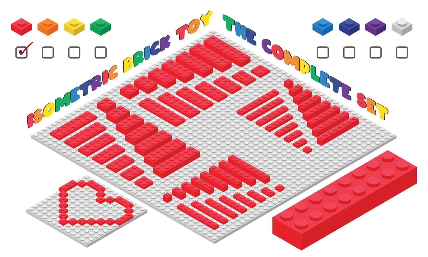 de compleet reeks van rood 3d kinderen steen speelgoed- in isometrische stijl. plastic gebouw blokken speelgoed- vector illustratie geïsoleerd Aan wit. plein gebouw steen speelgoed- vlak ontwerp. plastic steen speelgoed- reeks