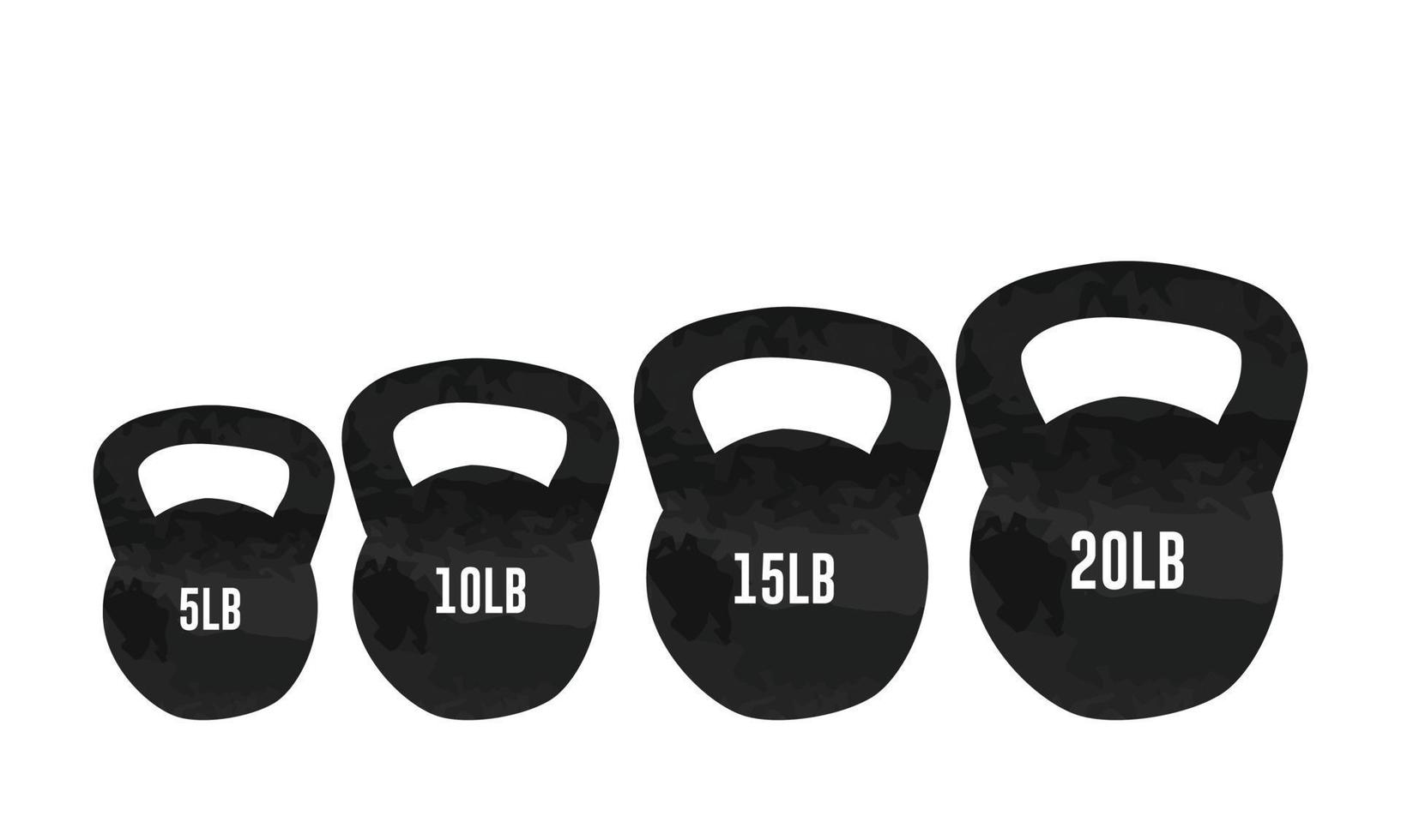 reeks van kettlebells clip art met verschillend gewicht postzegels van 5, 10, 15 en 20 pond. gemakkelijk zwart ijzer kettlebells waterverf stijl illustratie geïsoleerd Aan wit achtergrond. halters reeks tekenfilm tekening vector