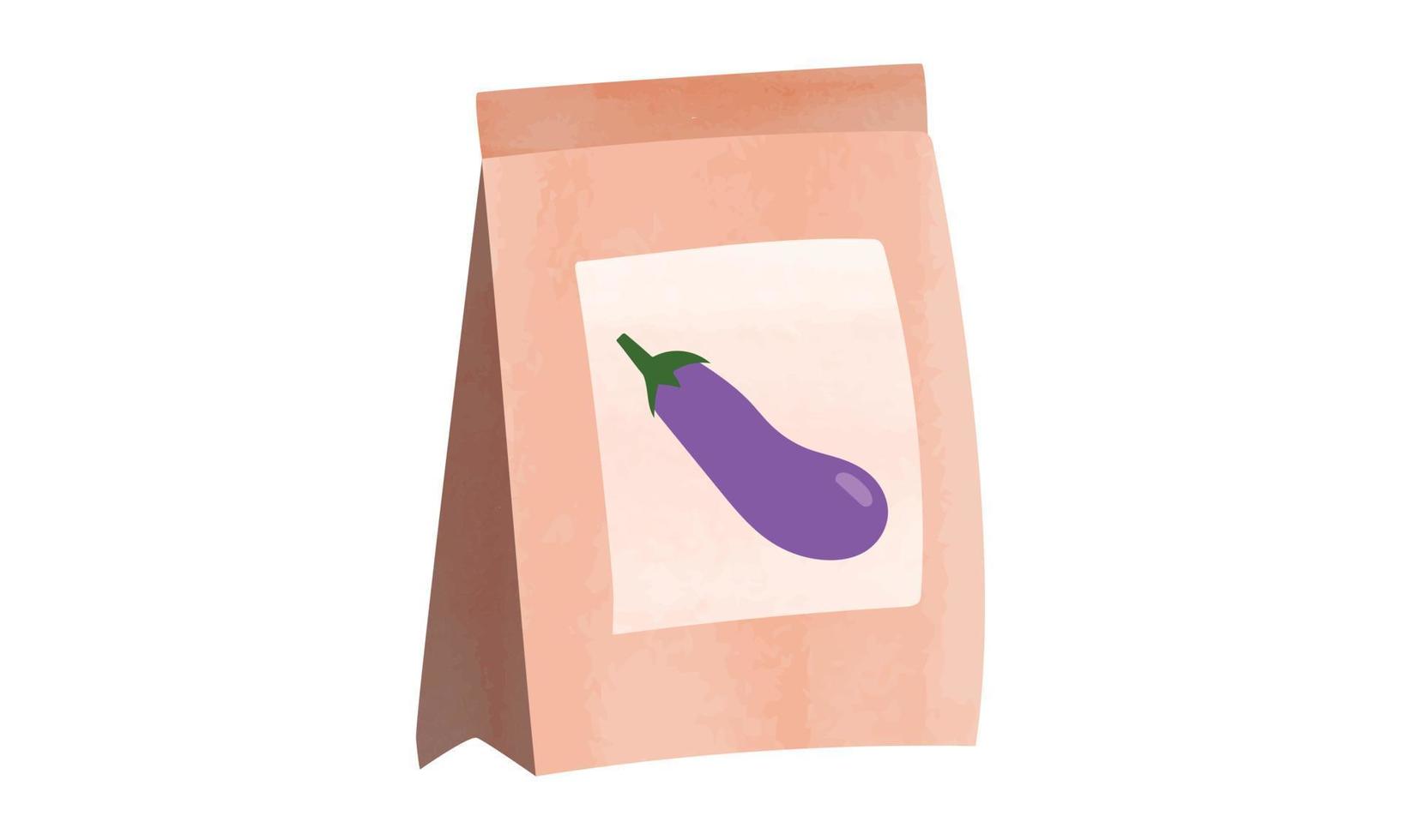 aubergine zaden pakket waterverf illustratie geïsoleerd Aan wit achtergrond. pak van aubergine zaden clip art tekenfilm stijl. groente zaden pakket waterverf tekening. tuin werk. pakket van zaden vector