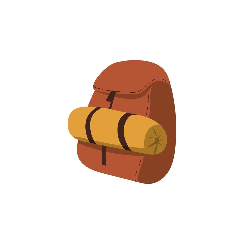 tekenfilm wandelen rugzak. vector illustratie van een bruin camper rugzak met een slapen tas. reizen rugzak kant visie.
