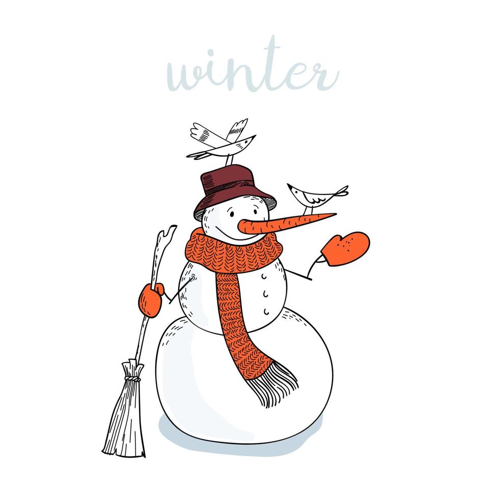een schattig sneeuwman met een bezem in een lang rood sjaal feeds de vogels. hand- getrokken tekening sneeuwman geïsoleerd Aan wit achtergrond. vector illustratie van een winter karakter.