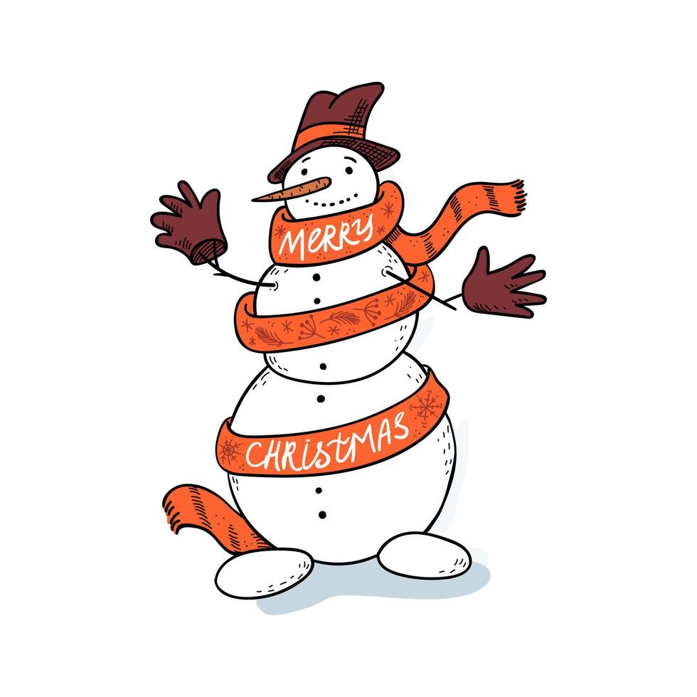 een schattig sneeuwman verpakt in een lang sjaal wensen een vrolijk kerstmis. hand getekend tekening sneeuwman in top hoed en handschoenen geïsoleerd. gekleurde vector illustratie van een winter karakter Aan een wit achtergrond.