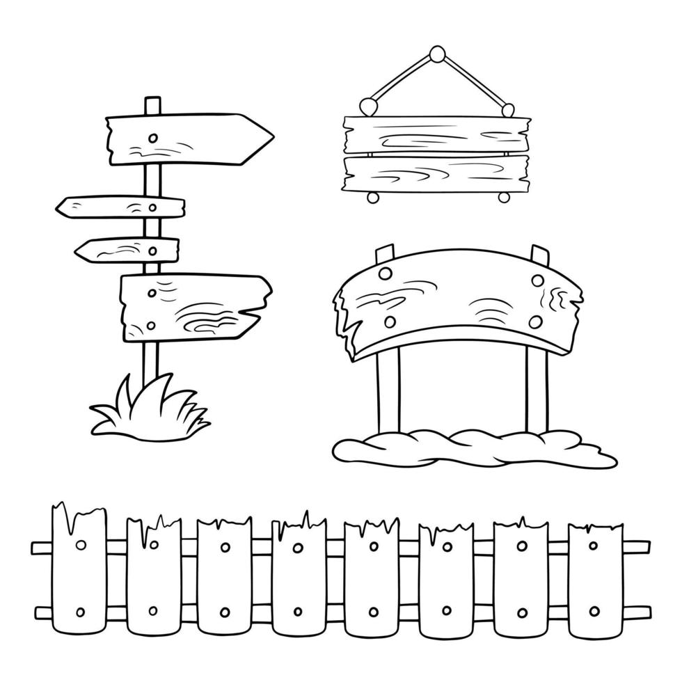 monochroom icoon set, wijnoogst houten voorwerpen, lang schutting, plein teken en wijzer, vector illustratie in tekenfilm stijl Aan wit achtergrond
