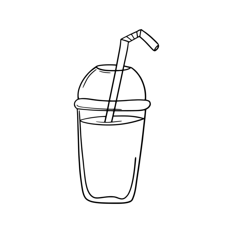 monochroom afbeelding, milkshake met een drinken buis in een plastic beker, vector illustratie in tekenfilm stijl Aan een wit achtergrond