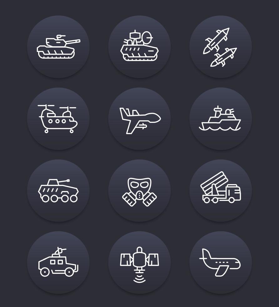 leger lijn pictogrammen, gevecht tank, leger drone, luchtvaart, schip, ballistisch raket, helikopter, luchtafweer systeem, marine, gepantserd vechten voertuigen vector