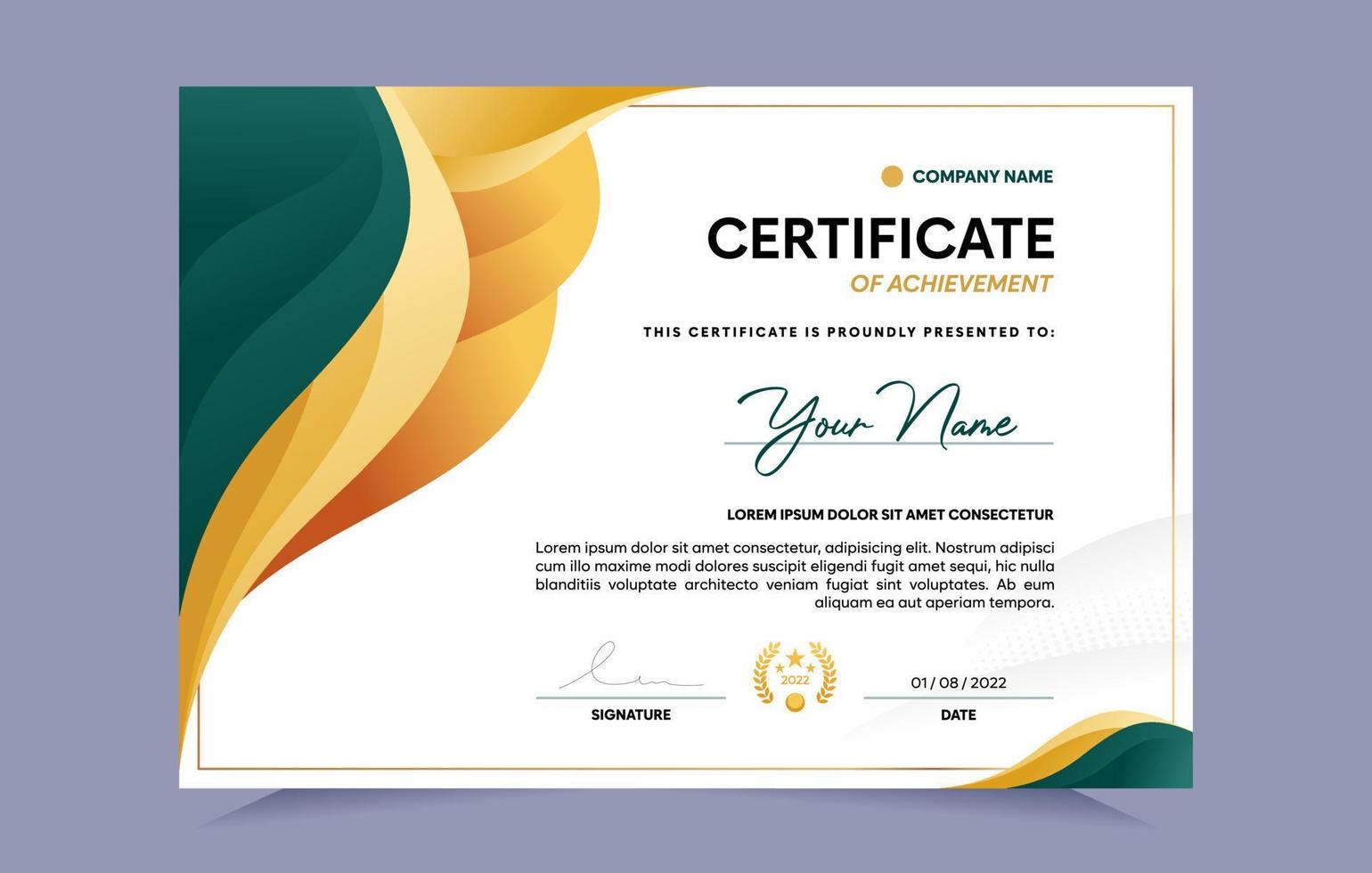 groen en goud certificaat van prestatie sjabloon reeks met goud insigne en grens. voor prijs, bedrijf, en onderwijs behoeften. vector illustratie