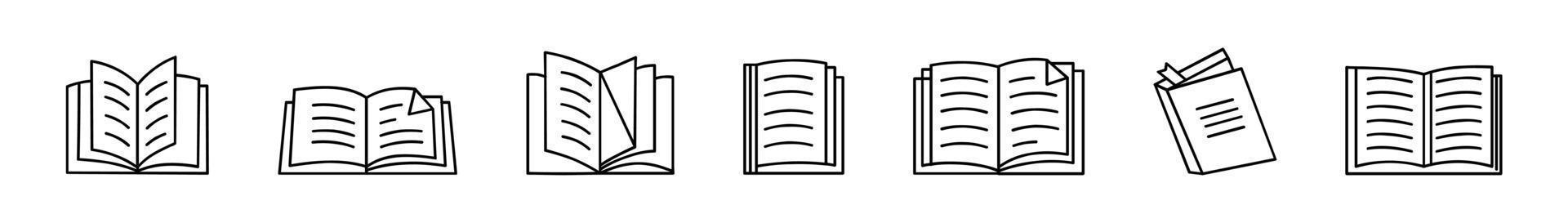 boek pictogrammen reeks in dun lijn stijl vector illustratie. onderwijs symbool verzameling. boek geopend vlak en lijn stijl logo