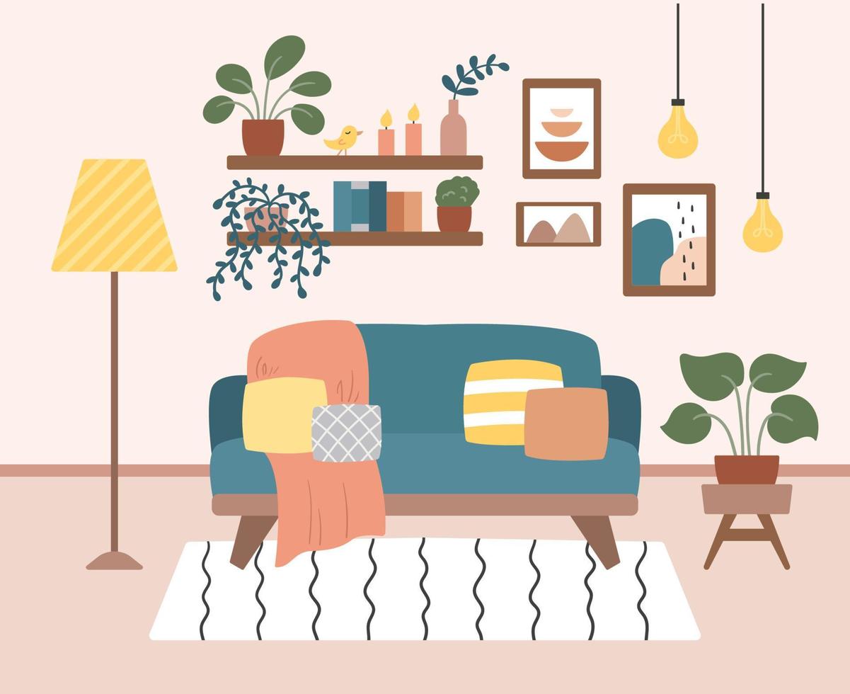 knus leven kamer interieur ontwerp met meubilair en planten in potten. vector vlak stijl illustratie. modieus pastel kleuren. banier concept.