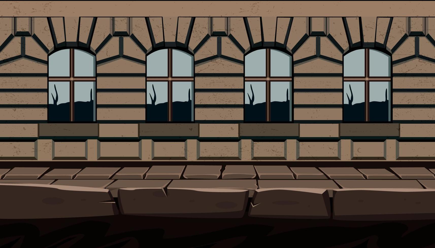 spel achtergrond cartoon vector, weg naast een oud gebouw vector