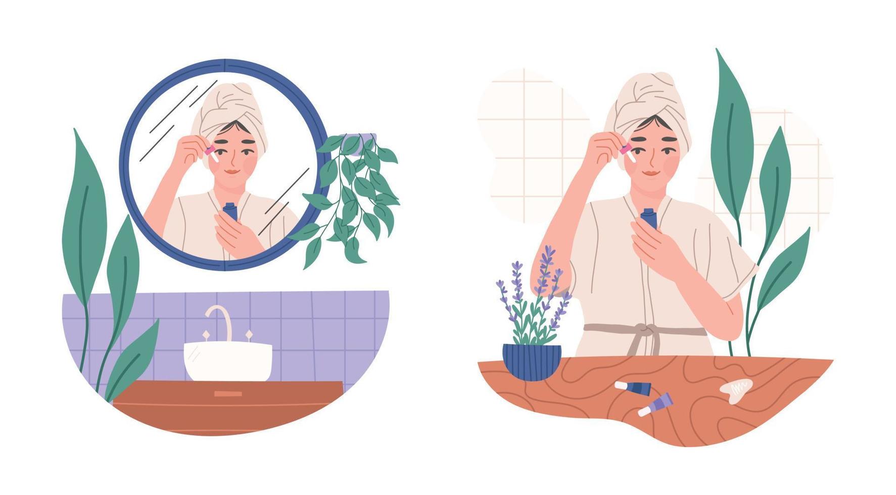 jong vrouw toepassen schoonheid producten in voorkant van de spiegel, vlak vector illustratie geïsoleerd Aan wit achtergrond. zelf zorg en huid zorg concept. spa en welzijn. veganistisch en wreedheid vrij cosmetica.