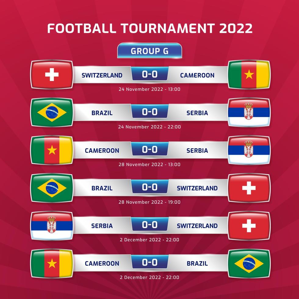 voetbal 2022 en Amerikaans voetbal kampioenschap toernooi in qatar - groep g Brazilië Servië Zwitserland Kameroen vector illustratie