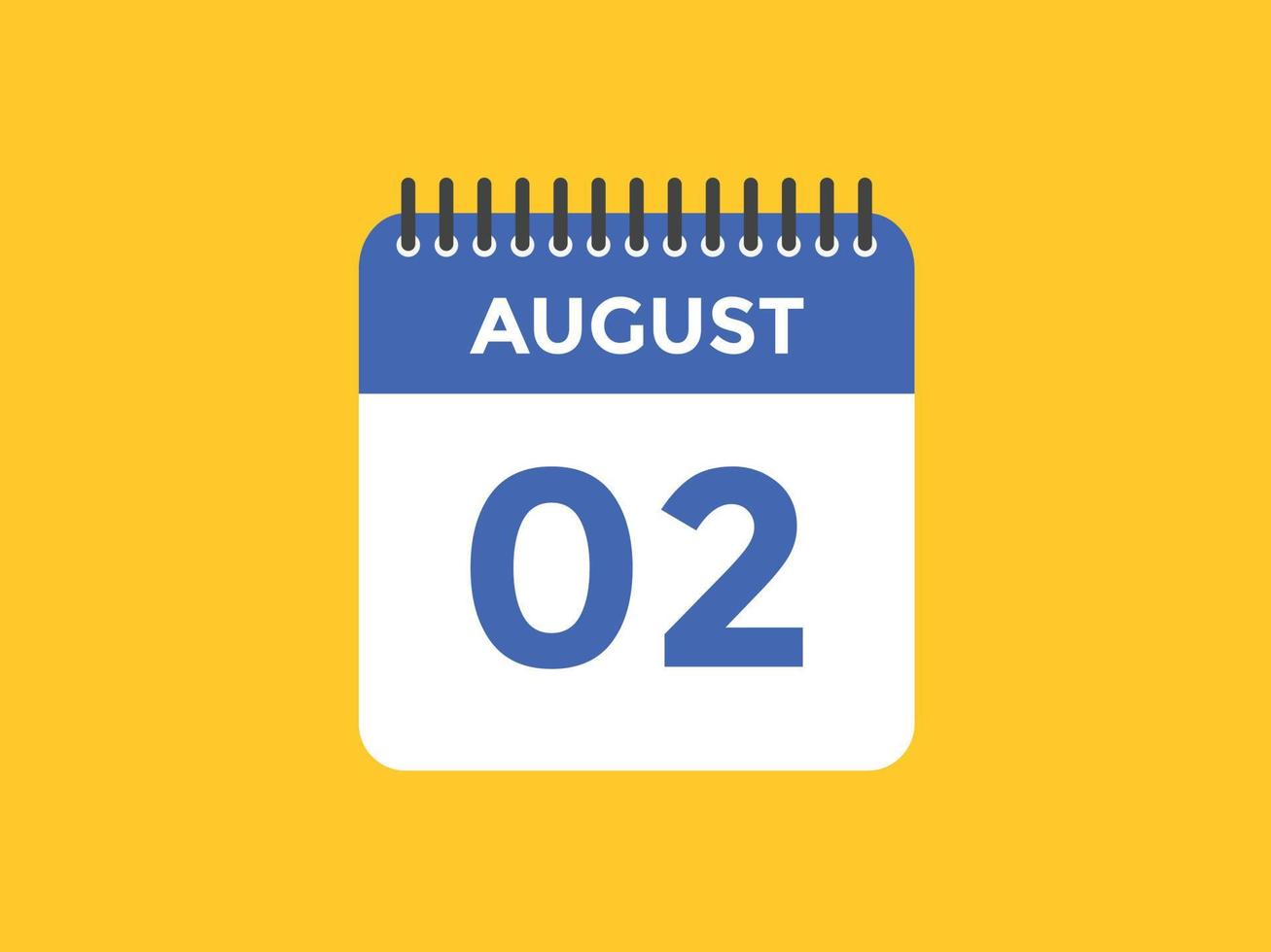 augustus 2 kalender herinnering. 2e augustus dagelijks kalender icoon sjabloon. kalender 2e augustus icoon ontwerp sjabloon. vector illustratie