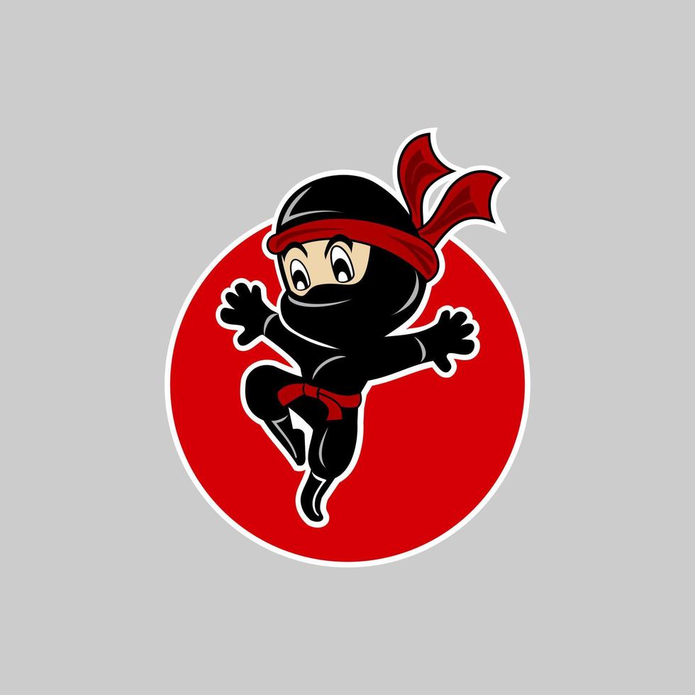 vector illustratie van Ninja tekenfilm karakter jumping met rood maan achtergrond.