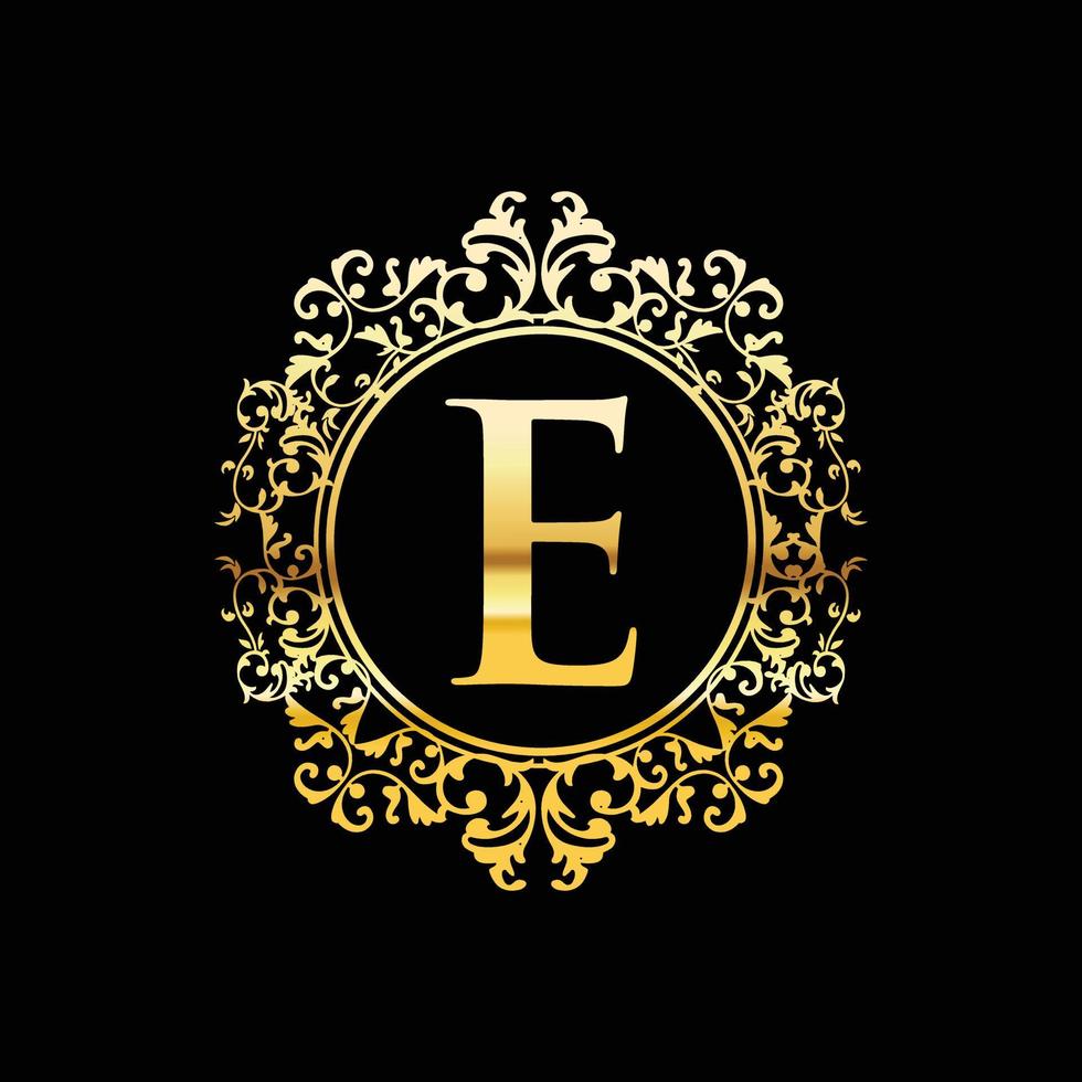 brief e goud luxe wijnoogst ornament logo ontwerp vector