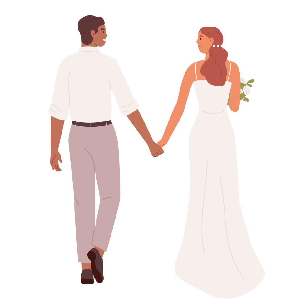 multinational paar. bruid en bruidegom in feestelijk kleren. Internationale huwelijk tussen Mens en vrouw. bruiloft dag met gelukkig pasgetrouwden. vector