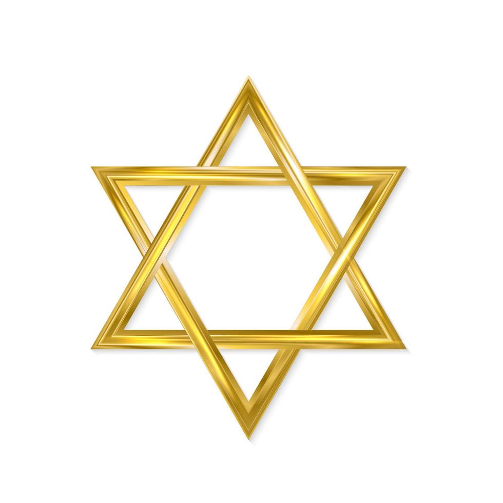 Joods ster van david. gouden zespuntig ster geïsoleerd Aan wit achtergrond. 3d realistisch zeshoekig figuur. goud magen david. vector icoon. gemakkelijk naar Bewerk sjabloon voor reis ontwerpen.