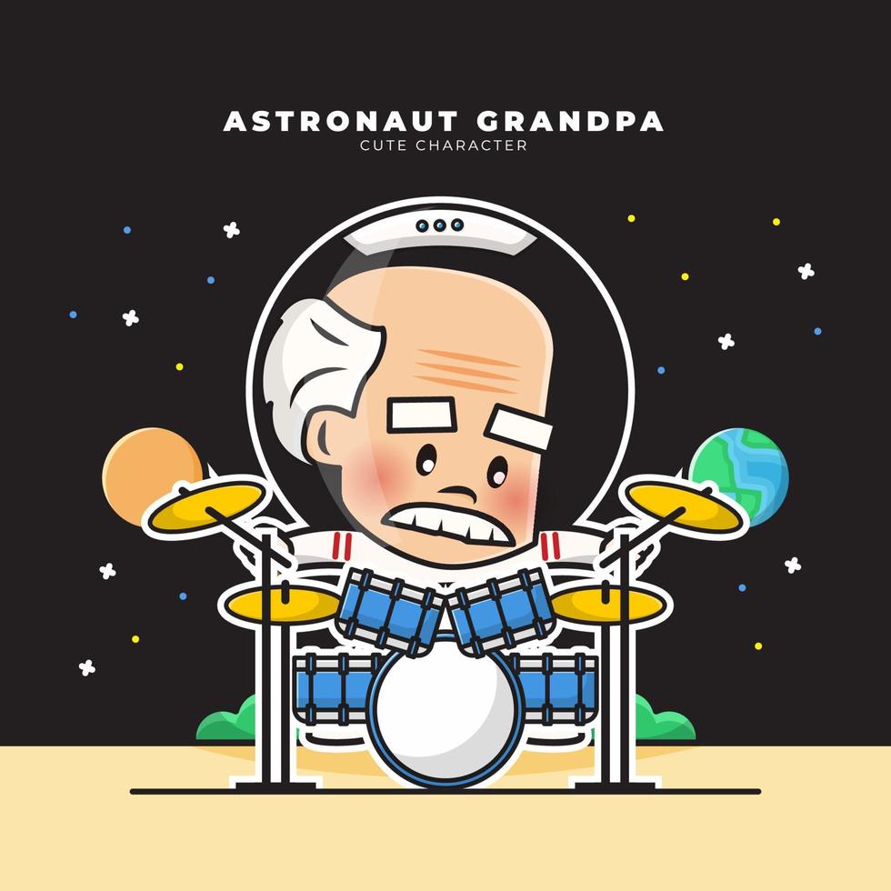 schattig tekenfilm karakter van opa astronauten is spelen drums vector