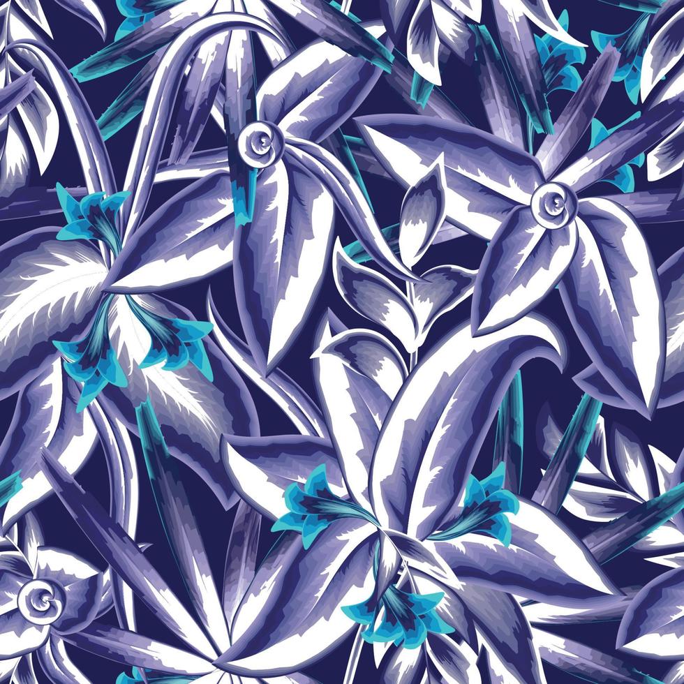 licht blauw gebladerte naadloos patroon met abstract tropisch bloemen bladeren en planten gebladerte Aan donker achtergrond met bloemen fabriek tekening. exotisch zomer. tropisch achtergrond. exotisch tropen. voorjaar vector