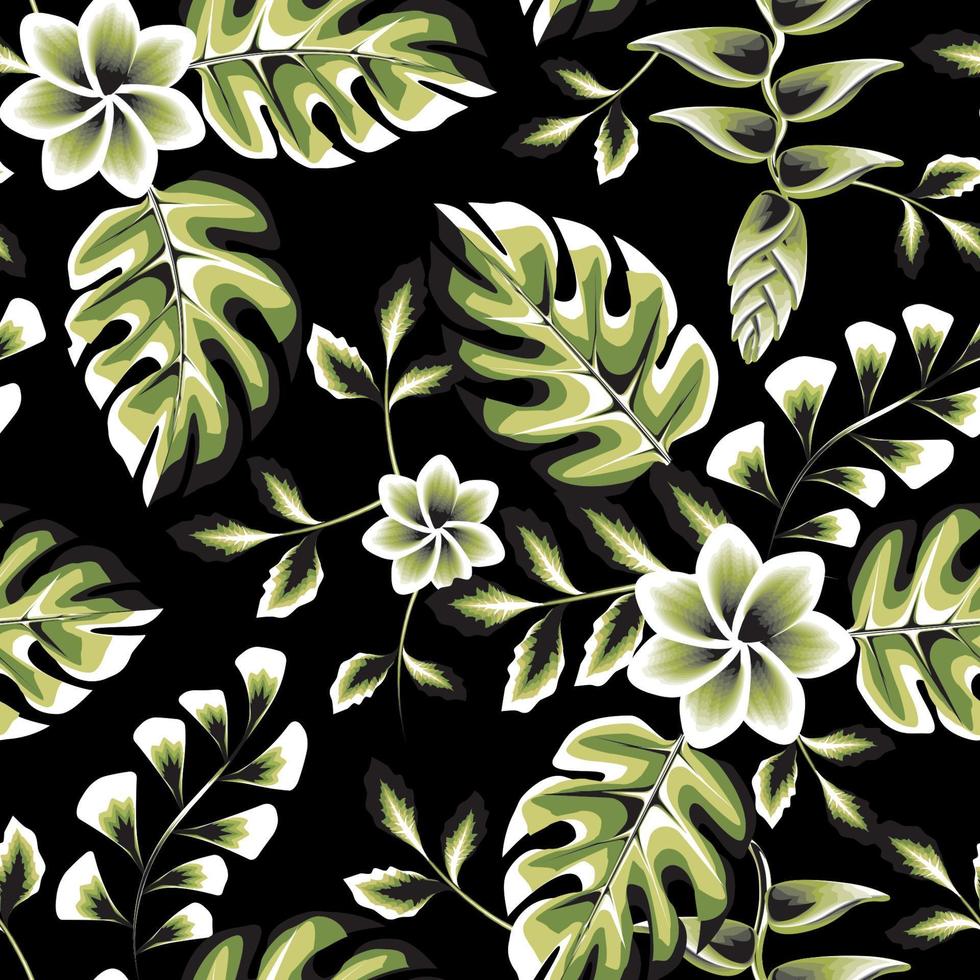 nacht groen monstera bladeren met heliconia bloem tropisch naadloos patroon planten in de mode. bloemen achtergrond. exotisch zomer. vector ontwerp. afdrukken en textiel. tropisch achtergrond