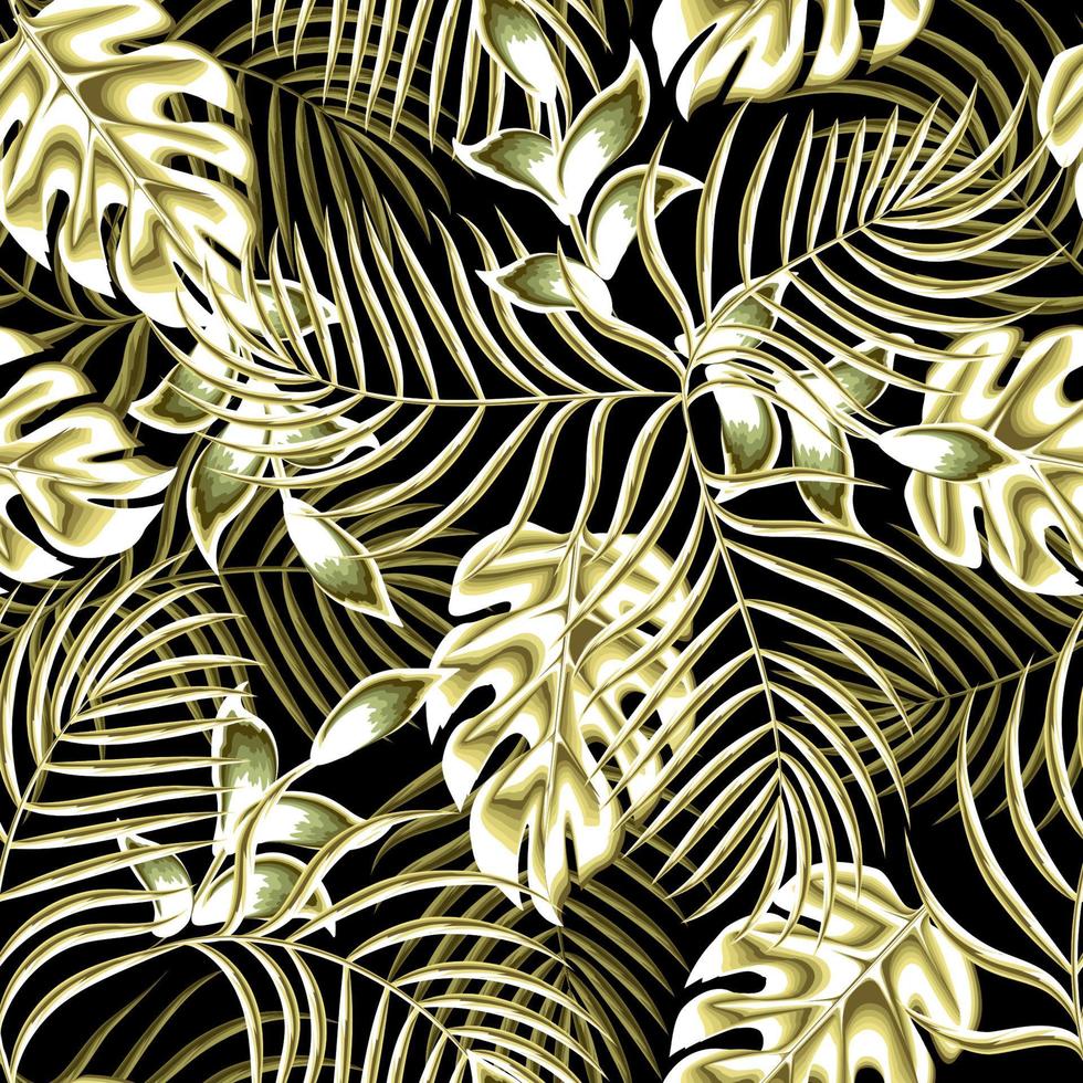 groen en goud kleur tropisch monstera palm bladeren naadloos patroon Aan donker achtergrond. modieus textuur. tropisch decoratief. exotisch zomer. natuur behang. tropisch achtergrond vector