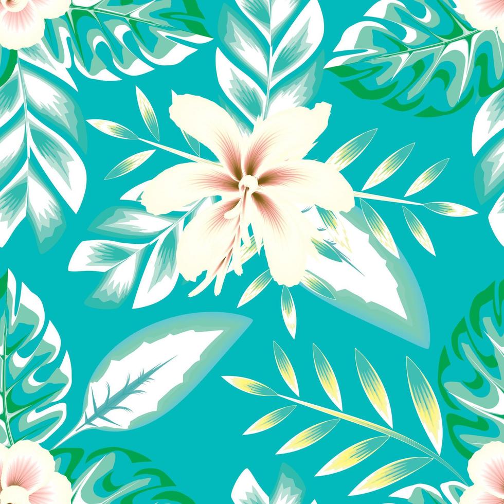 tropisch zomer themed naadloos patroon modieus met groen monstera bladeren en abstract bloemen Aan lucht blauw achtergrond. strand behang naadloos patroon. bloemen achtergrond. tropisch achtergrond vector
