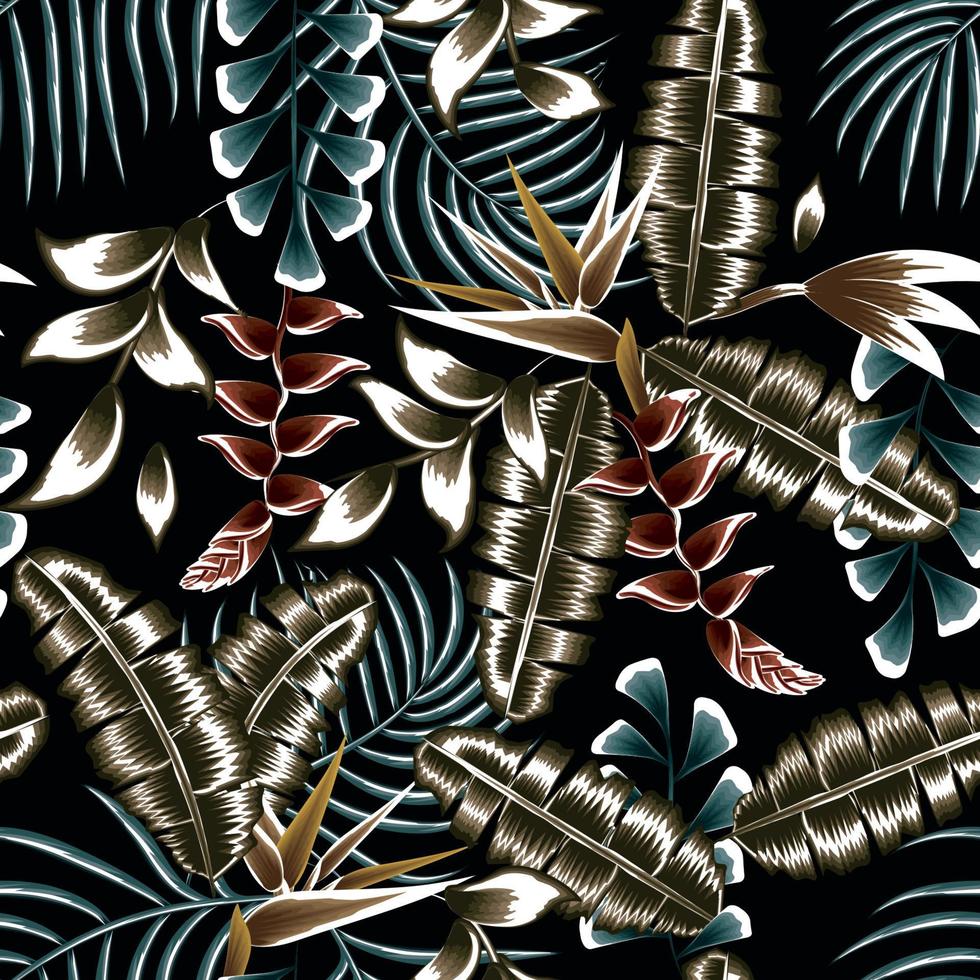 modieus tropisch naadloos patroon met abstract banaan bladeren, palm, heliconia bloem en strelitzia bloemen planten Aan nacht achtergrond. exotisch zomer. bloemen achtergrond. natuur behang vector
