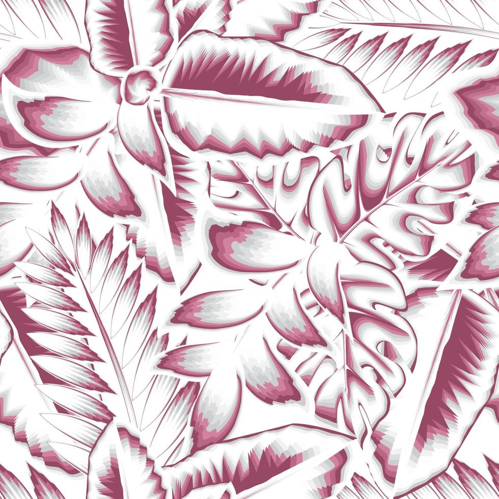 wijnoogst abstract natuur naadloos patroon met roze monochromatisch kleur tropisch bladeren en planten gebladerte Aan wit achtergrond. oerwoud afdrukken. bloemen achtergrond. modieus textuur. natuur behang vector