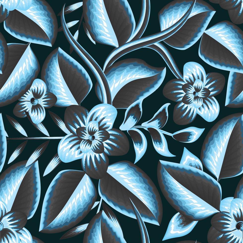 naadloos bloemen tropisch afdrukken met blauw exotisch bladeren en realistisch abstract bloemen planten, natuur ornament voor textiel of omhulsel papier. oerwoud bladeren monochromatisch achtergrond. natuur behang vector