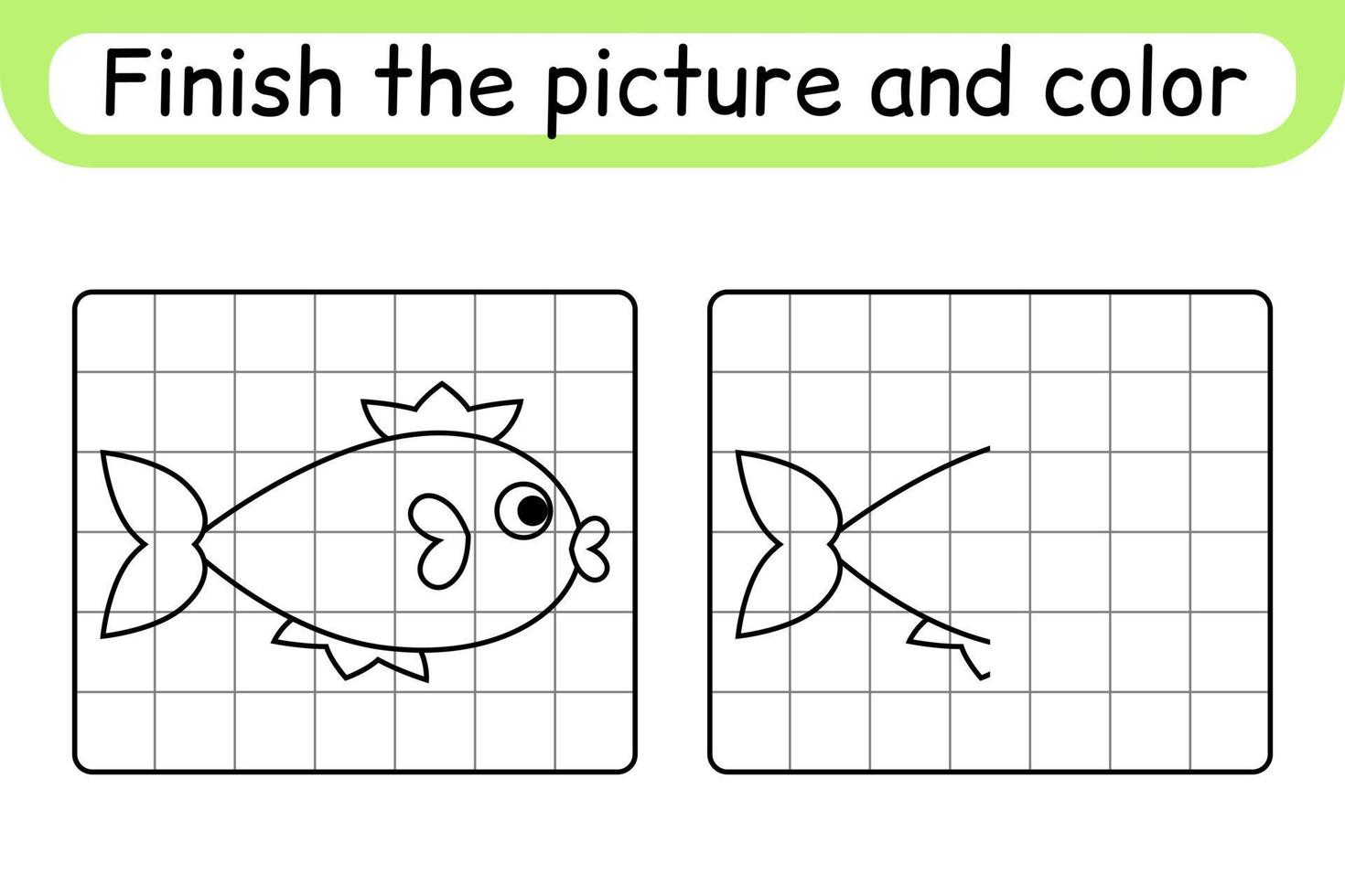 maak het plaatje vis compleet. kopieer de afbeelding en kleur. maak het beeld af. kleurboek. educatief tekenoefenspel voor kinderen vector