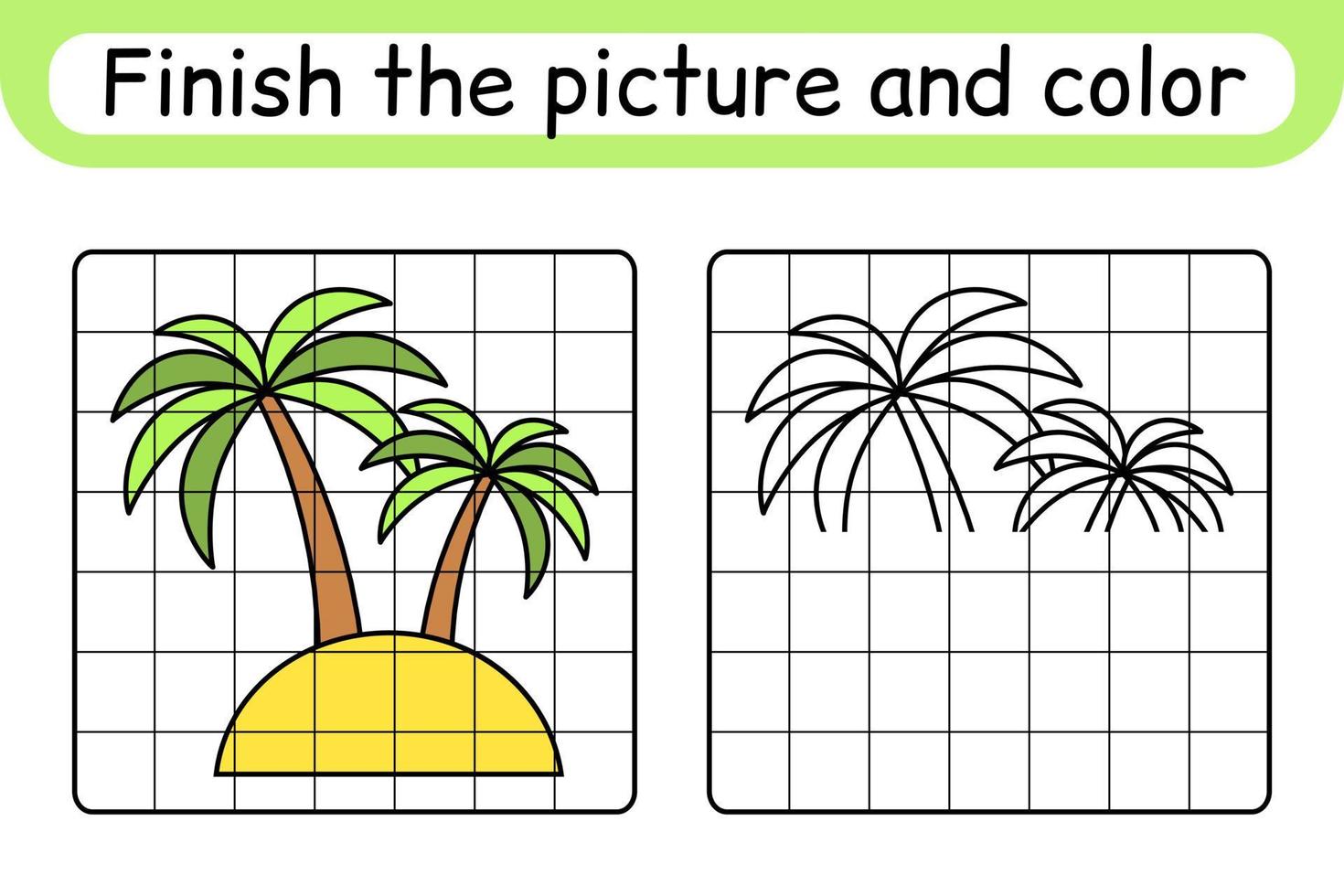 maak de fotopalm compleet. kopieer de afbeelding en kleur. maak het beeld af. kleurboek. educatief tekenoefenspel voor kinderen vector