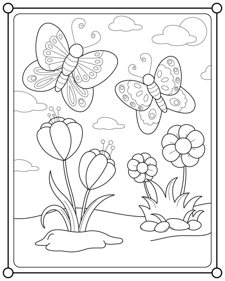 mooi vlinders en bloemen in de tuin geschikt voor kinderen kleur bladzijde vector illustratie