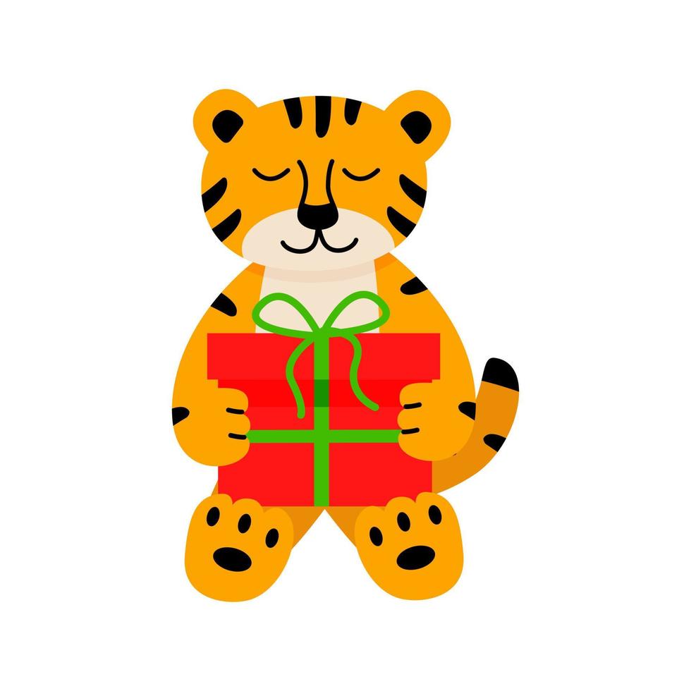 een tekenfilm schattig tijger houdt een Kerstmis geschenk in haar poten. vector illustratie, de concept van Kerstmis en nieuw jaar