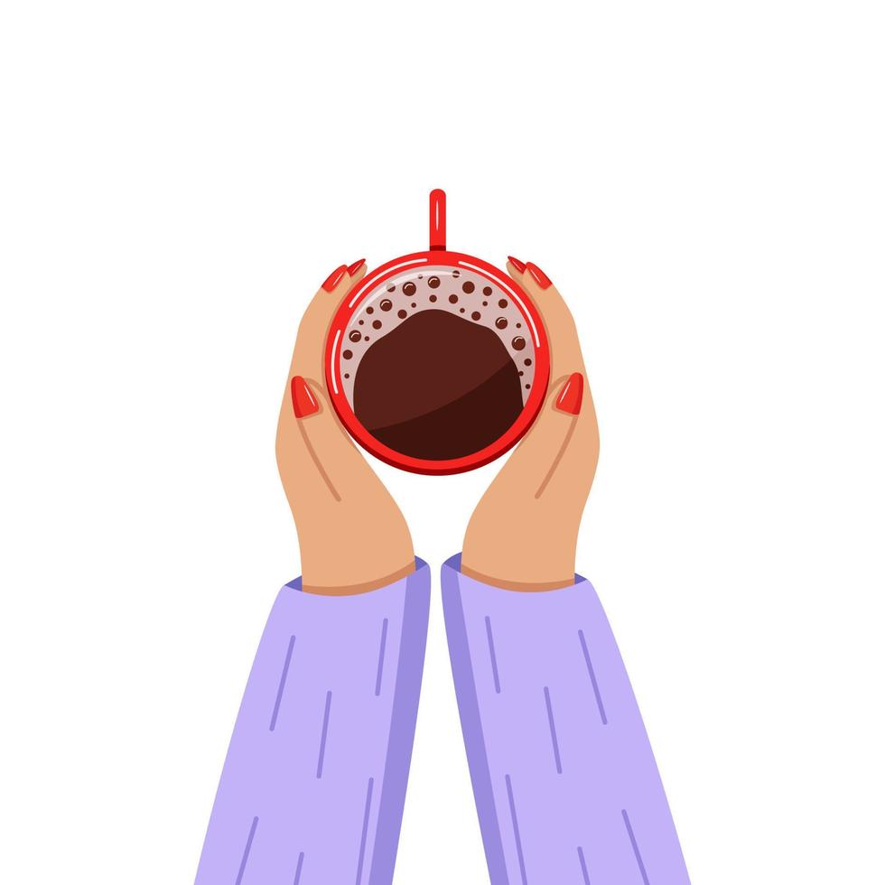 Dames handen houden een kop van koffie. top visie. vector illustratie.