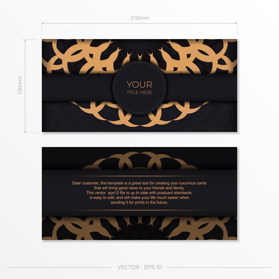 elegant klaar om te printen ansichtkaart ontwerp in zwart met luxueus Grieks patronen. vector uitnodiging kaart sjabloon met wijnoogst ornament.