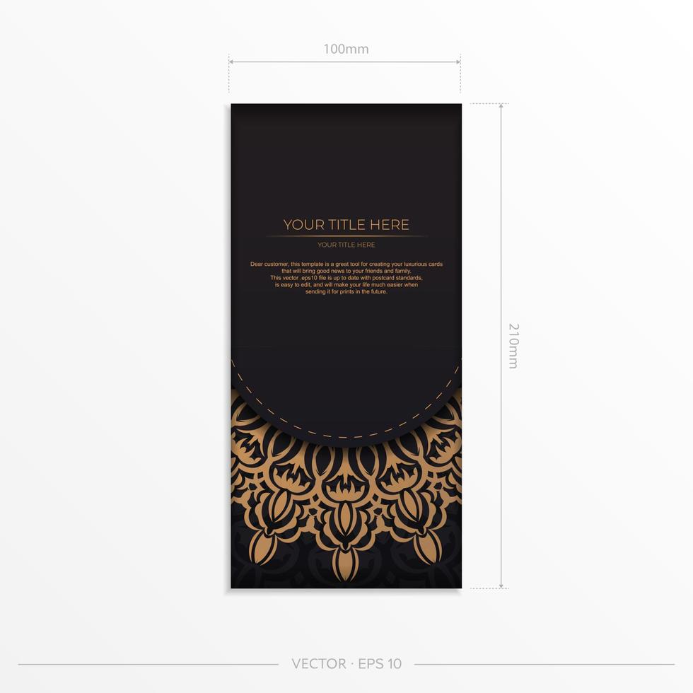 luxueus zwart kleur ansichtkaart sjabloon met wijnoogst patronen. vector drukklare uitnodiging ontwerp met mandala ornament.