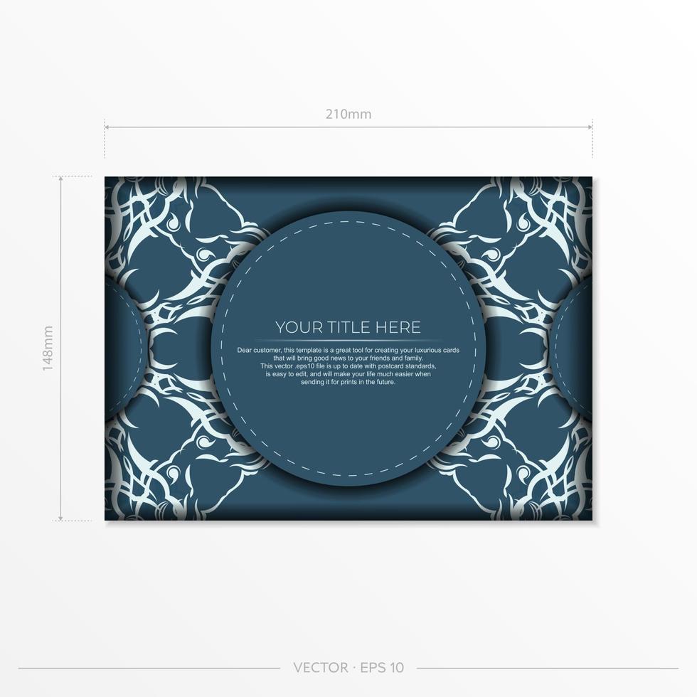 rechthoekig vector blauw kleur ansichtkaart sjabloon met luxueus licht patronen. drukklare uitnodiging ontwerp met wijnoogst ornamenten.