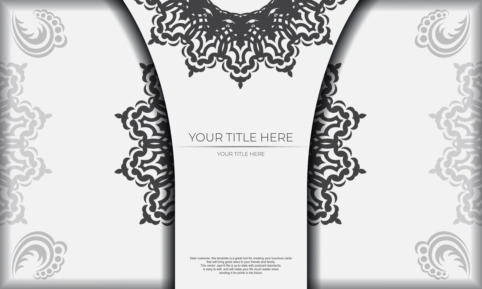 wit sjabloon banier met zwart ornamenten en plaats onder de tekst. sjabloon voor ontwerp afdrukbare uitnodiging kaart met mandala patronen. vector