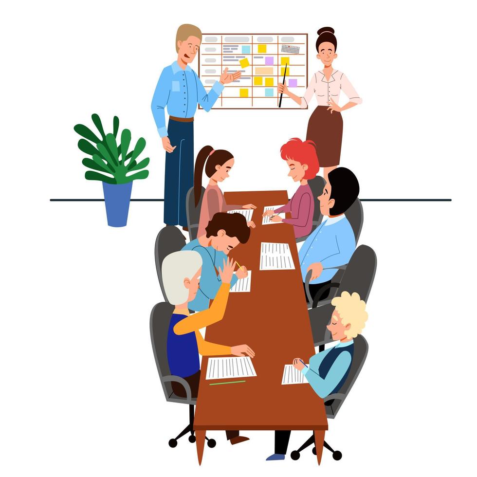 het concept van een werkvergadering van collega's aan tafel. mensen rapporteren over het onderwerp planning en probleemoplossing. vector