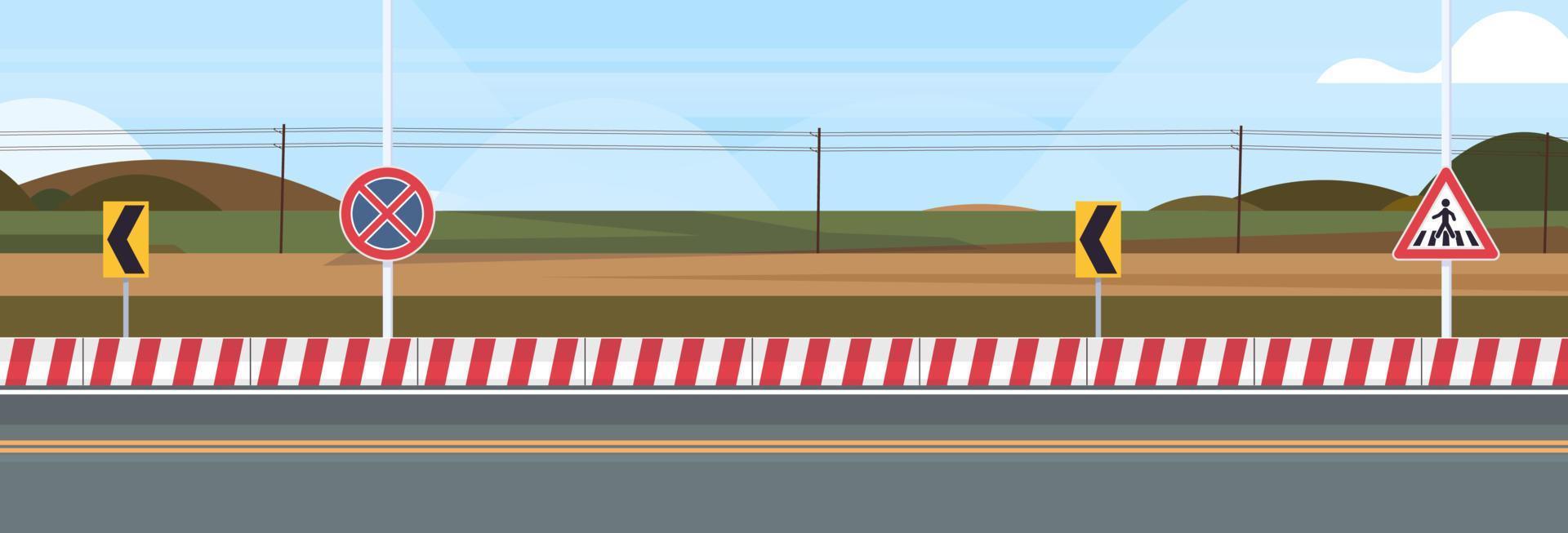 snelweg heuvel asfalt weg en stad weg buitenshuis met verkeer tekens ontwerp vlak vector illustratie.