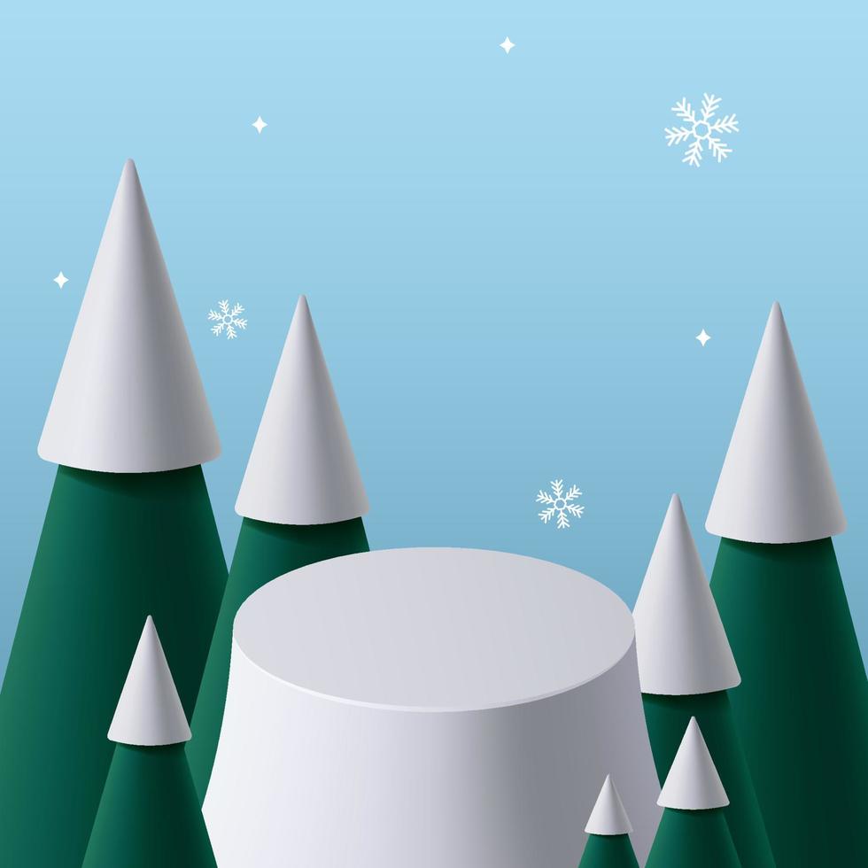 podium voor tonen Product weergave.winter Kerstmis decoratief Aan blauw achtergrond met boom Kerstmis. 3d vector