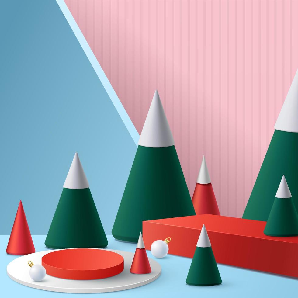 podium voor tonen Product weergave.winter Kerstmis decoratief Aan rood achtergrond met boom Kerstmis. 3d vector