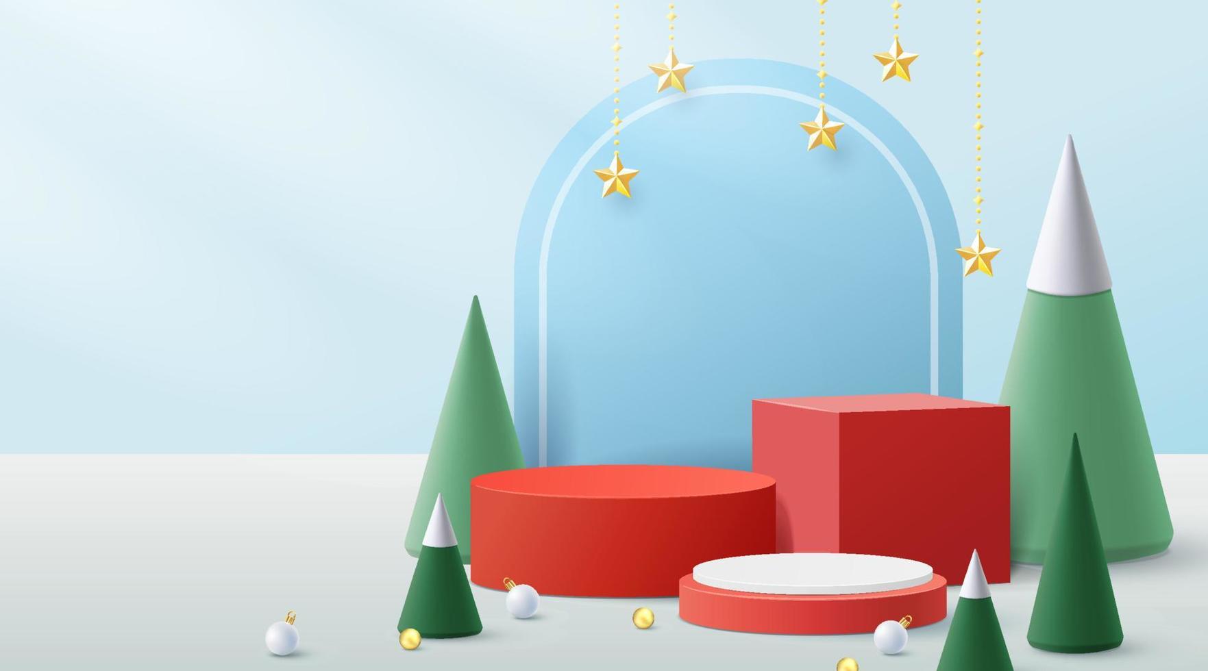 podium voor tonen Product weergave.winter Kerstmis decoratief Aan blauw achtergrond met boom Kerstmis. 3d vector