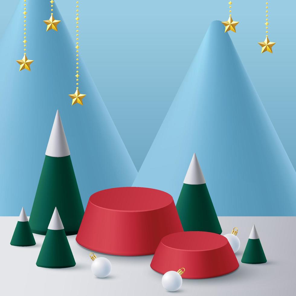 podium voor tonen Product weergave.winter Kerstmis decoratief Aan blauw achtergrond met boom Kerstmis. 3d vector