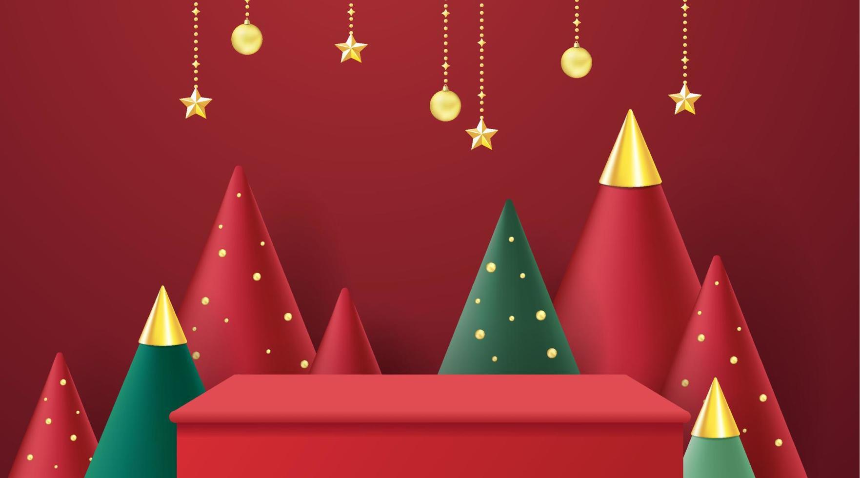 podium voor tonen Product weergave.winter Kerstmis decoratief Aan rood achtergrond met boom Kerstmis. 3d vector