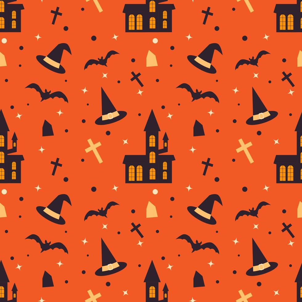 halloween naadloos patroon met eng huis, vleermuizen, heks hoed en graven. eindeloos structuur Aan oranje achtergrond voor partij uitnodiging, omhulsel papier vector